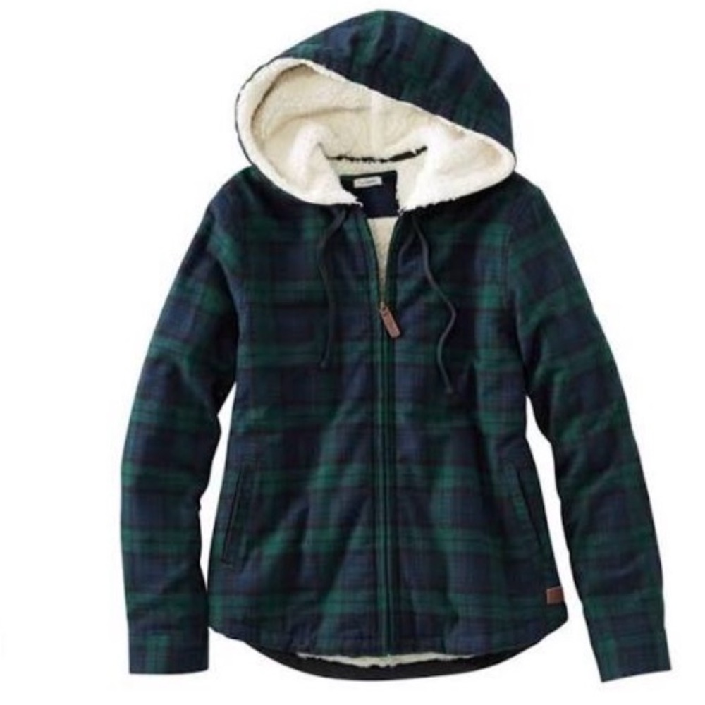 L.L. Bean - Green and Blue Plaid, Flannel shirt, Sherpa lined Women's Jacket - Picture 8 of 9